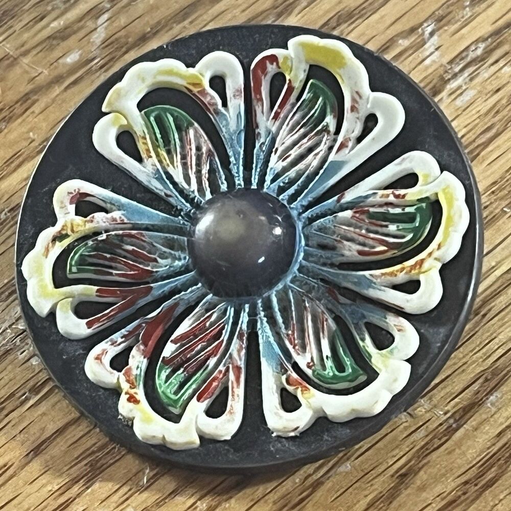Marion Weeber 1.625" Floral Celluloid Button 1940s-50s Era